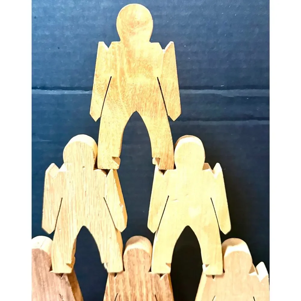 Wooden Stacking Dudes interlocking human shaped made of multiple woods